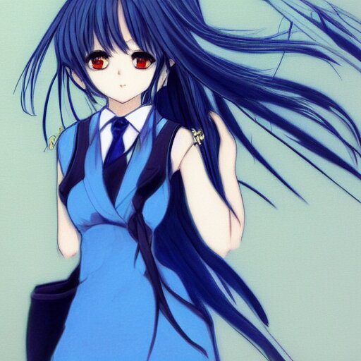 Lexica - A woman in a blue dress with a tie around her neck, an anime ...