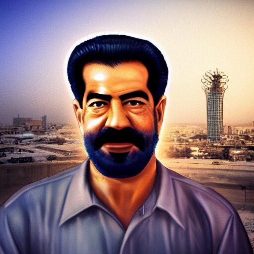 Lexica - Portrait of Saddam Hussein, Baghdad skyline background, washed ...