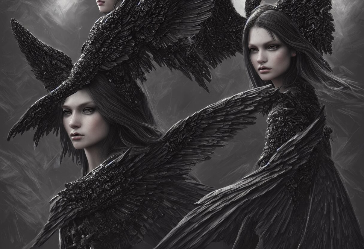 Lexica - Detailed portrait of a big dark angel spread wings, diffuse ...