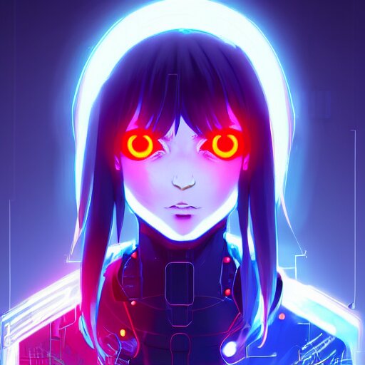 Lexica - Digital cyberpunk anime character concept art, gorgeous anime girl  symmetrical face, small female android cyborg - angel, glowing red left e