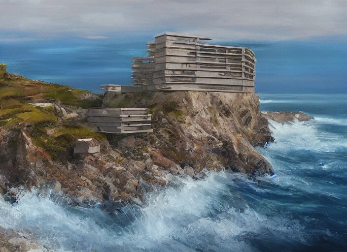 brutalist house, coastal perched on a cliff overlooking a magnif... - Arthub.ai