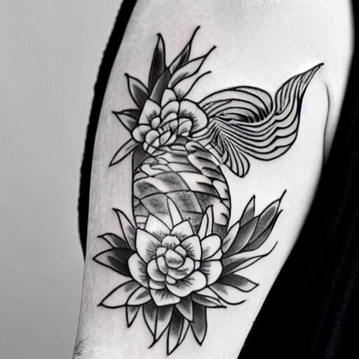 black and white tattoo of koi fish with camelia flowers, on whit ...