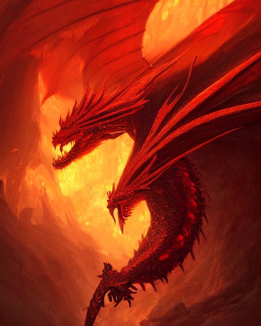 Lexica - A red dragon, with phoenix wings and tail, breathing out a ...