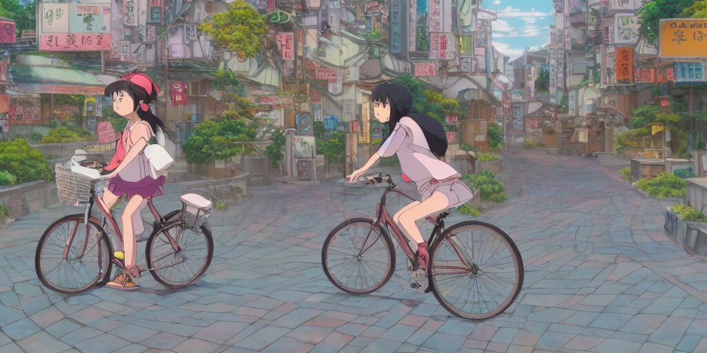 Lexica - Anime girl riding bicycle in highly detailed japanese city ...