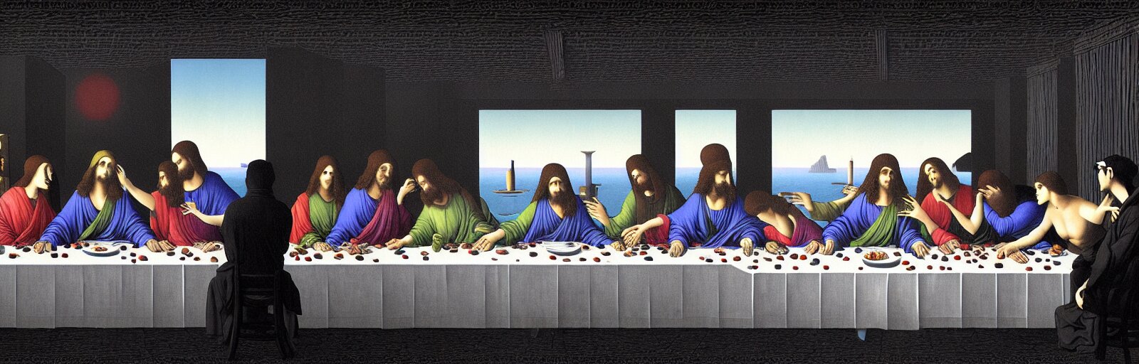 Фото олимпиады тайная вечеря Lexica - Colorful!!! the last supper by rene magritte, cyberpunk, kanagawa wave 