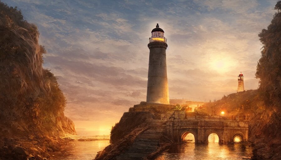 Lexica - Ancient city of Rome with a lighthouse near the shore and a ...