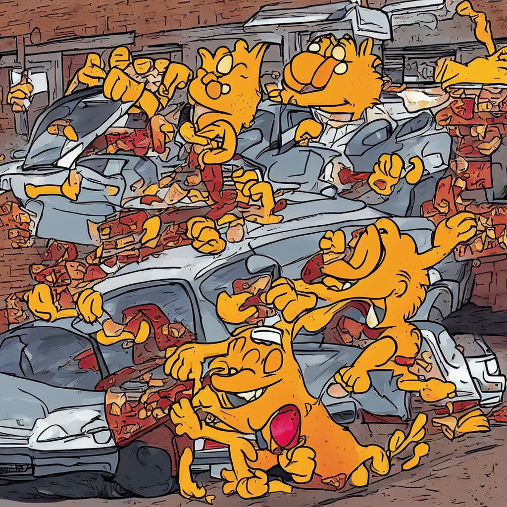 Lexica - Garfield crashing a car into a pizzeria