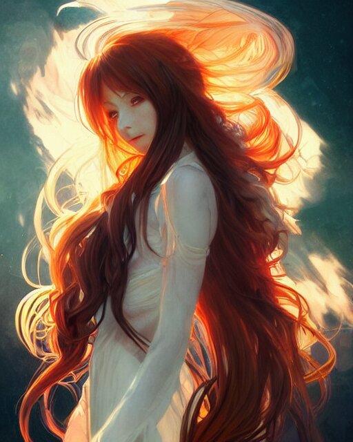 Lexica - Beautiful long haired anime girl, fire dress, flames ...