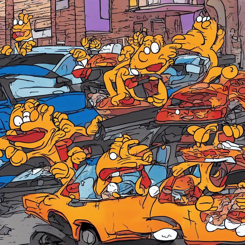 Lexica - Garfield crashing a car into a pizzeria