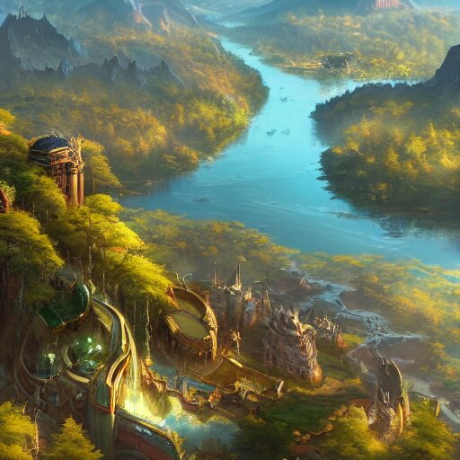 a birds eye view overlooking an ancient fantasy city surrounded ...