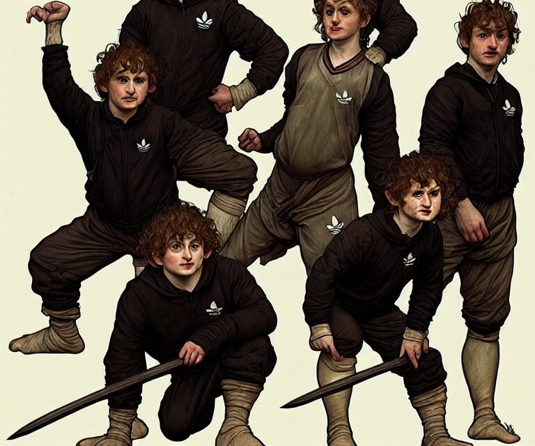Lexica - Portrait three hobbits as squatting slavs in black adidas ...