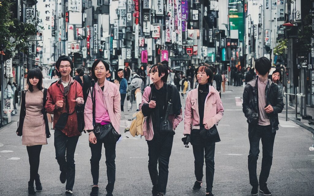 Lexica - 3 humans walking in a city mixed between tokyo and paris, near ...