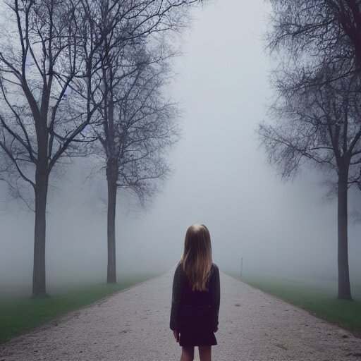 Lexica - Photo of a real-life girl in a creepy foggy town