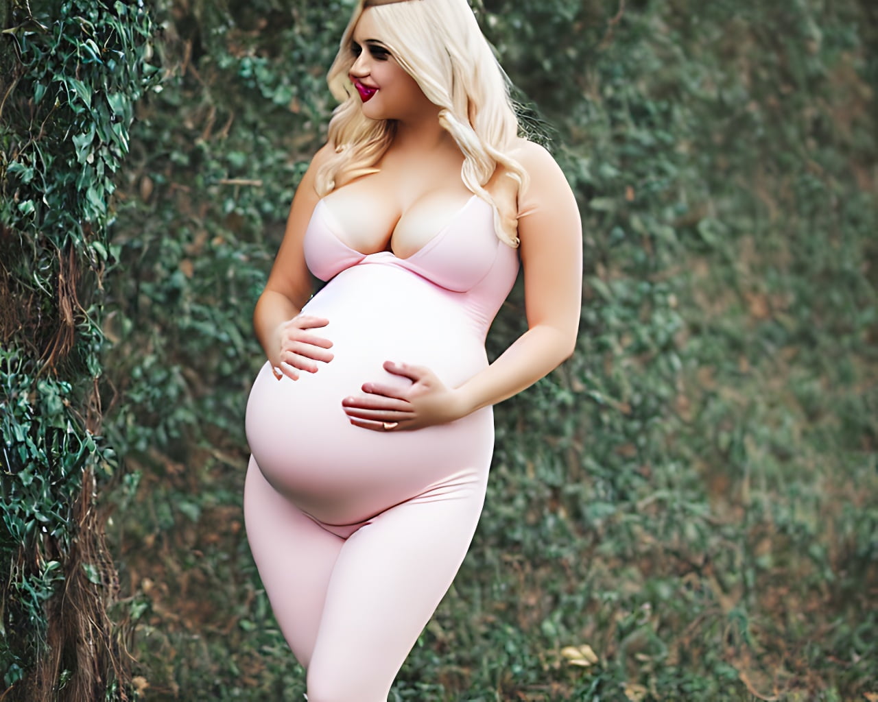 Lexica - Pregnant belly, cute big curvy adorable young blonde woman, nude,  pastel matte background, black latex corset costume, irish lebanese, pinu...