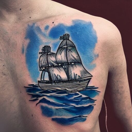 a pirate ship sailing in the sea, realism tattoo design with ama ...