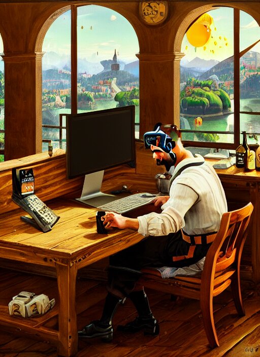 Lexica - Large computer table octoberfest invite card, a man sitting at ...