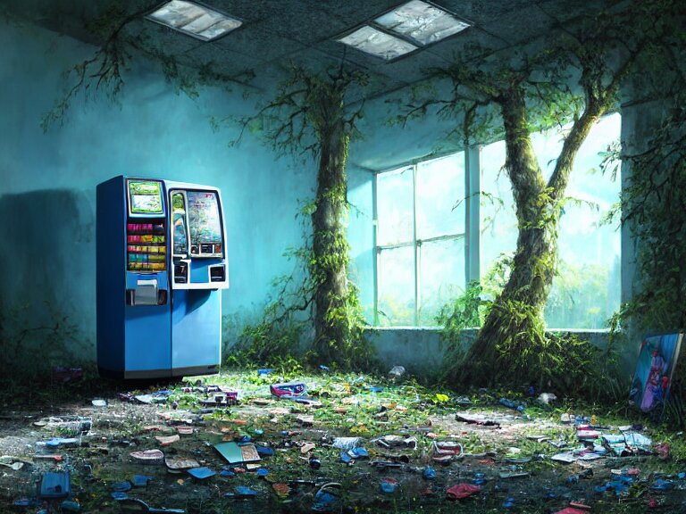 Lexica - Close up of a vending machine in ruins of an abandoned office ...