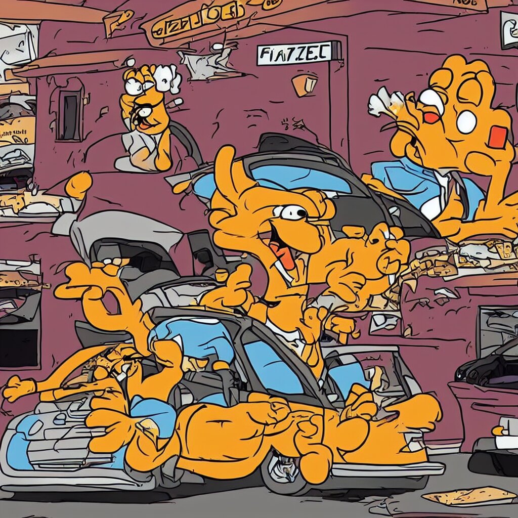 Lexica - Garfield crashing a car into a pizzeria