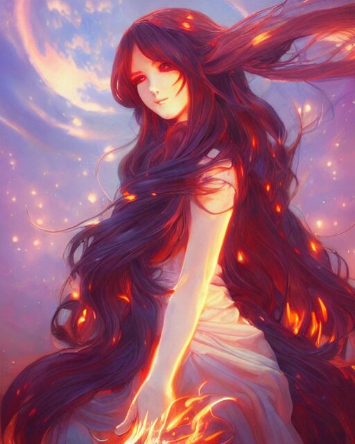 Lexica - Beautiful long haired anime girl, fire dress, flames ...