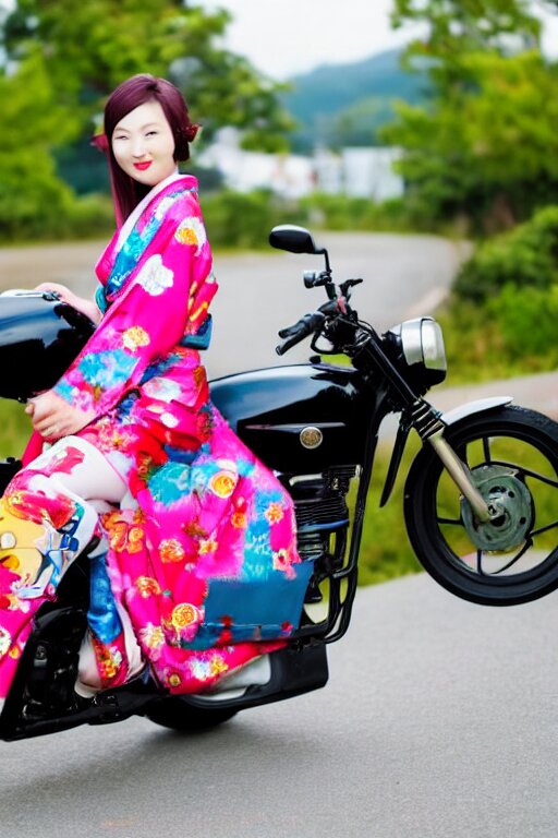 Lexica - Full - length photo, young woman, riding a motorcycle, wearing ...
