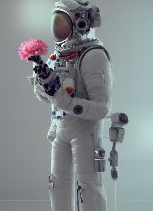 a man in a space suit with a flower in his hand, a computer rend