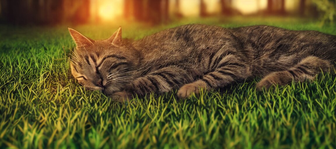 Lexica - One cute cat sleeping on the grass in a forest near a small ...