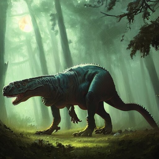 Lexica - Tyrannosaurus rex walks through moonlit forest, scenery, oil ...