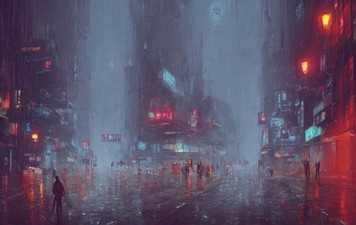 Lexica - A digital painting of a close-up view of a raining cyberpunk ...