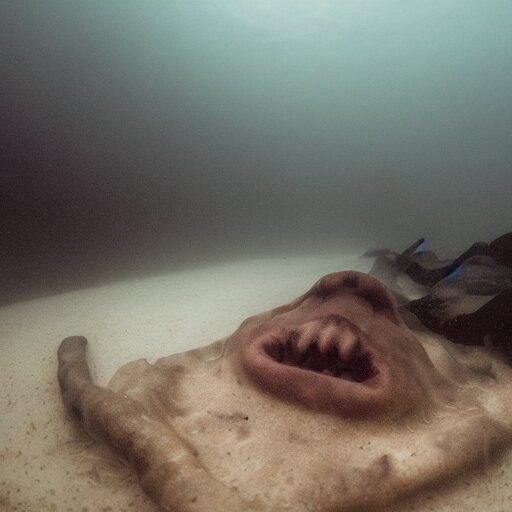 sea monster, wide angle, pov underwater, pale skin, dark, foggy  