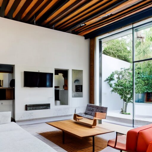 A modern living room with 2 sofas facing each other with a white ...