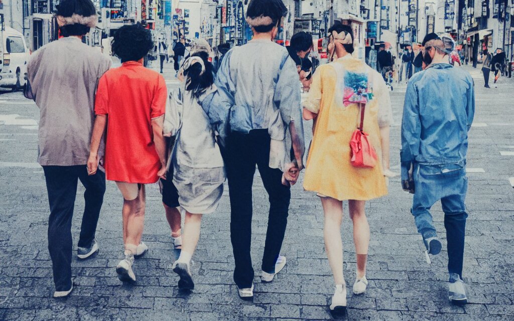 Lexica - 3 humans walking in a city mixed between tokyo and paris, near ...