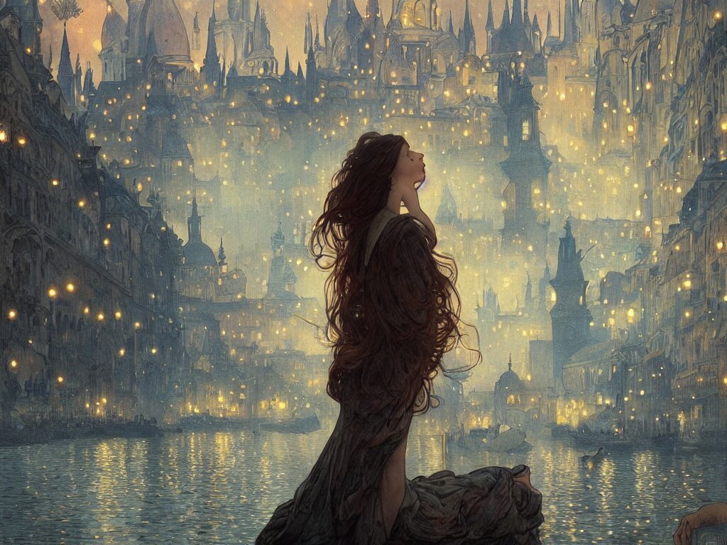 Lexica - A girl watching from the river of a city resembling prague ...