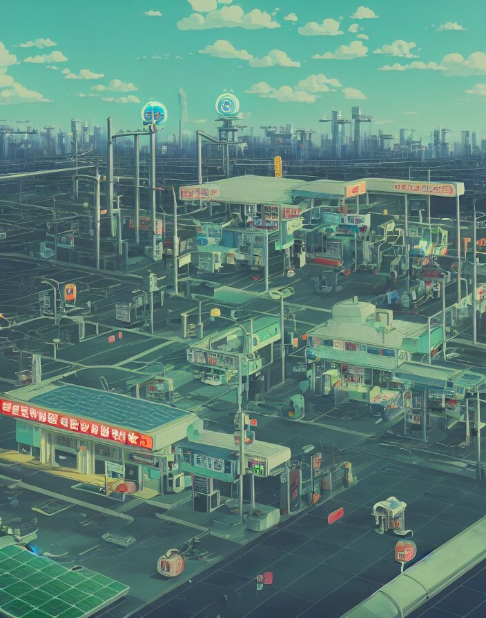 Lexica STUDIO GHIBLI, gas station, in a flying city, solar, green technology, optimist future