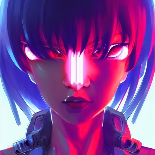 Lexica - Digital cyberpunk anime character concept art, gorgeous anime girl  symmetrical face, small female android cyborg - angel, glowing red left e