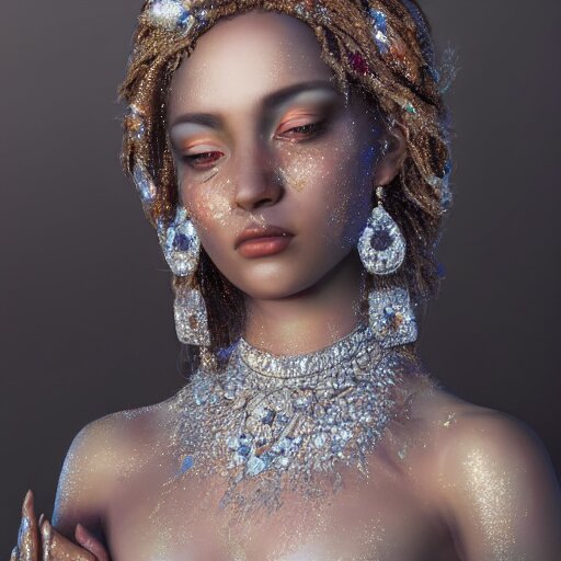 a beautiful portrait of a diamond goddess with glittering skin ...