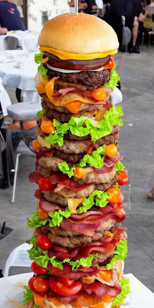 Lexica - A cheeseburger tower made of gigantic stacks of meat patties ...