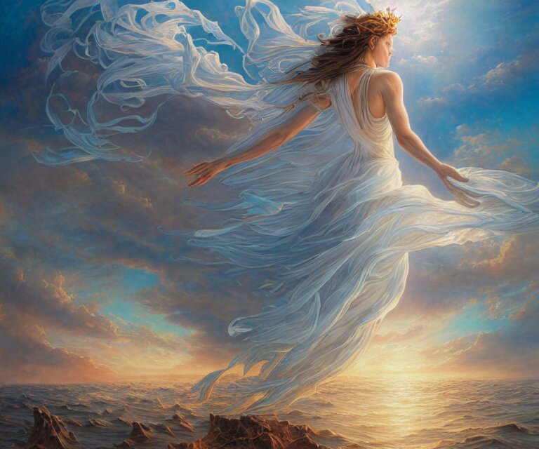 Lexica - Beautiful woman in white dress walking over the ocean, a giant ...