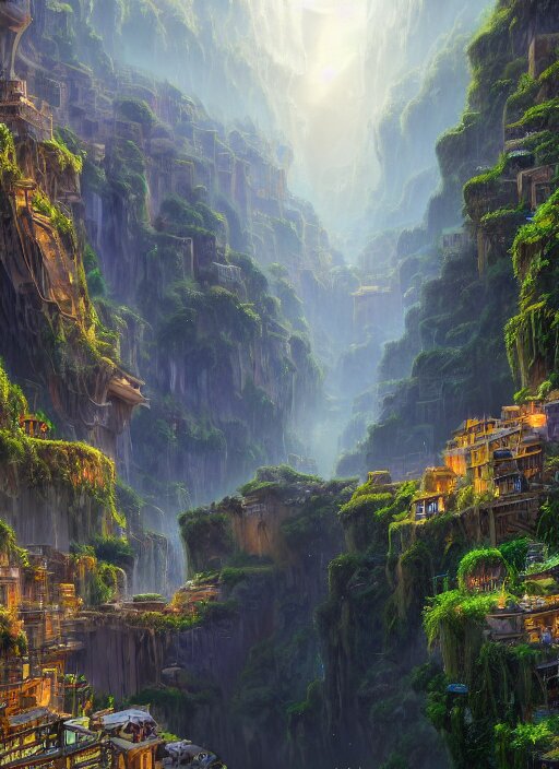 Lexica - City built on terraces in a gigantic canyon, lots of buildings ...