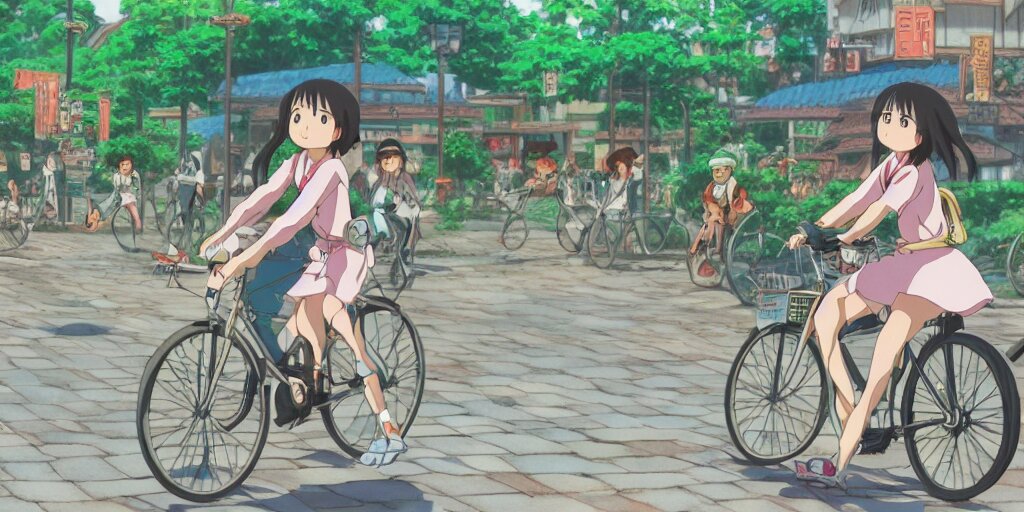 Lexica - Anime girl riding bicycle in highly detailed japanese city ...