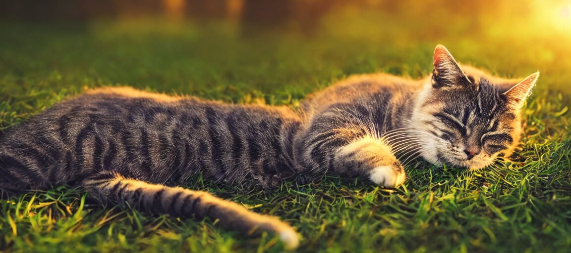Lexica - One cute cat sleeping on the grass in a forest near a small ...