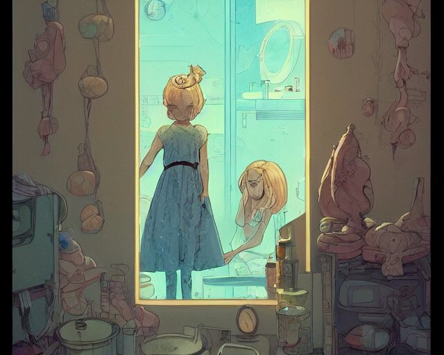 Lexica - A cell shaded cartoon of a girl in dress looking at the mirror ...