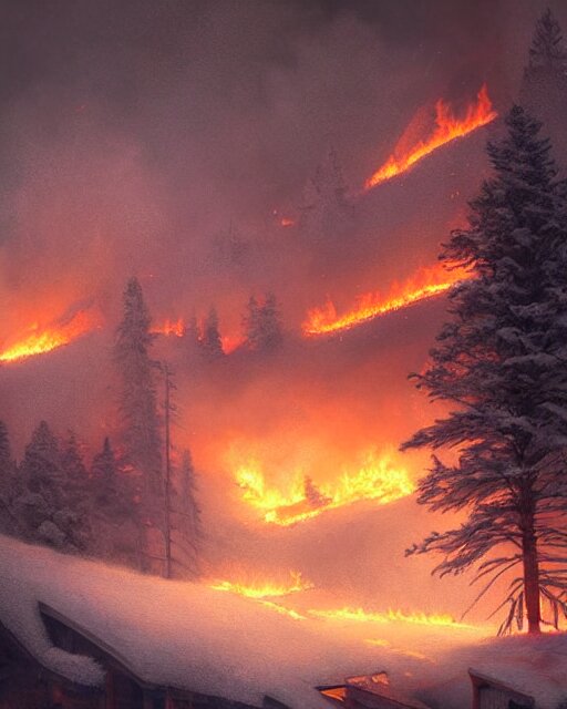 Lexica - Mountain chalet covered in fire, smoke, sunrise, snow, sharp