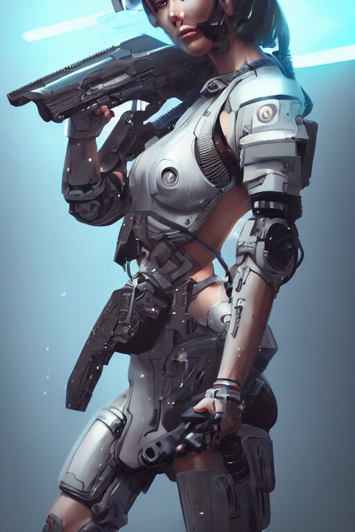 Lexica - Beautiful illustration of a cyborg mercenary girl holding a ...