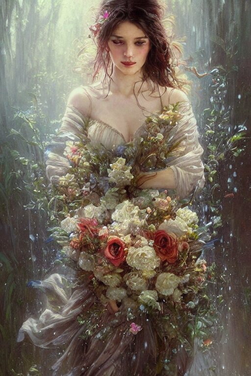 Lexica - Portrait of a beautiful mysterious woman holding a bouquet of ...