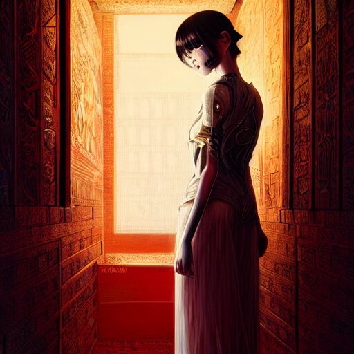 Lexica - Beautiful girl in intricate clothing walking through a hallway ...