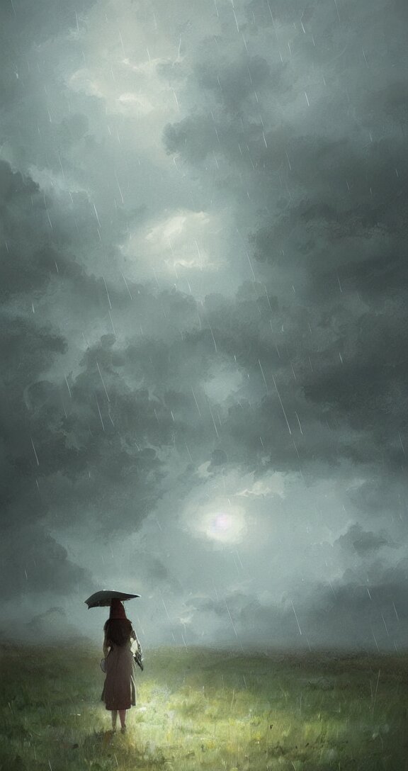 Lexica Holding an umbrella in a thunderstorm in the prairie, pretty