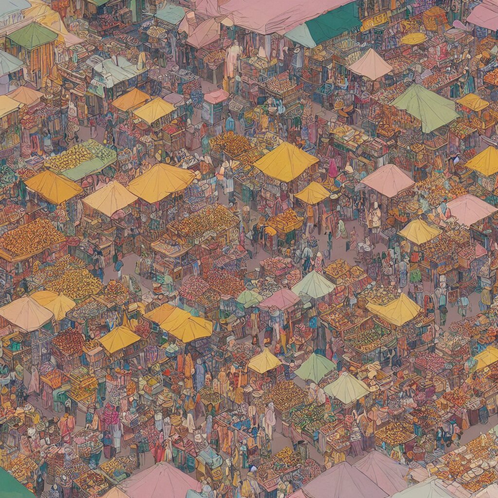 Lexica - Isometric view illustration of a Souk in Marrakesh, highly ...