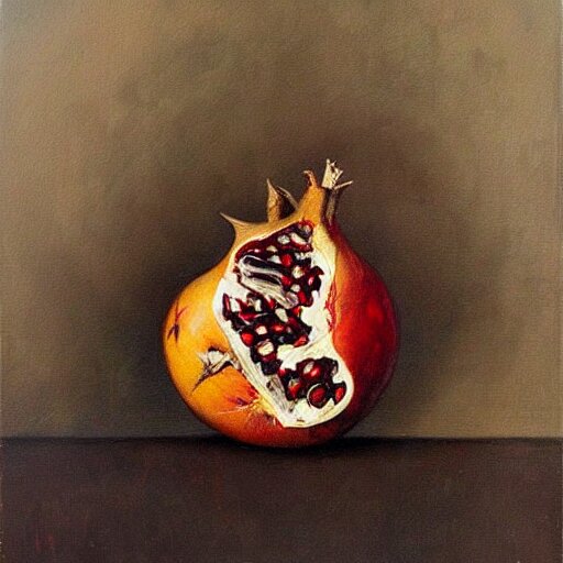 Lexica - An oil painting of a pomegranate by esao andrews. circa survive  album cover art. dark. muted colors. gothic. oil painting with brush  strokes