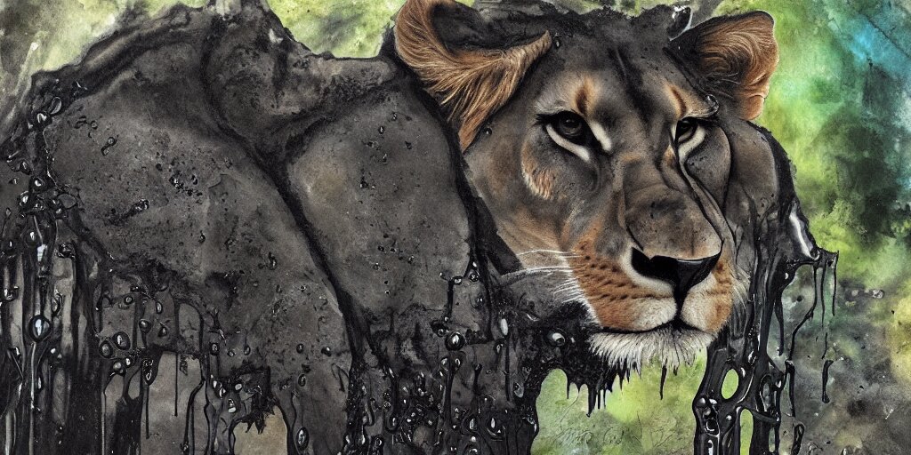Lexica - A lioness, made of tar, in a suburban backyard, dripping tar ...