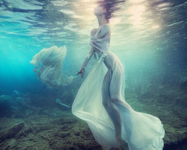 Lexica - Beautiful female portrait, full body, diver in long flowy dress,  underwater, cinematic volumetric lighting, soft bokeh, glow, 8 k, by wlop,  ...